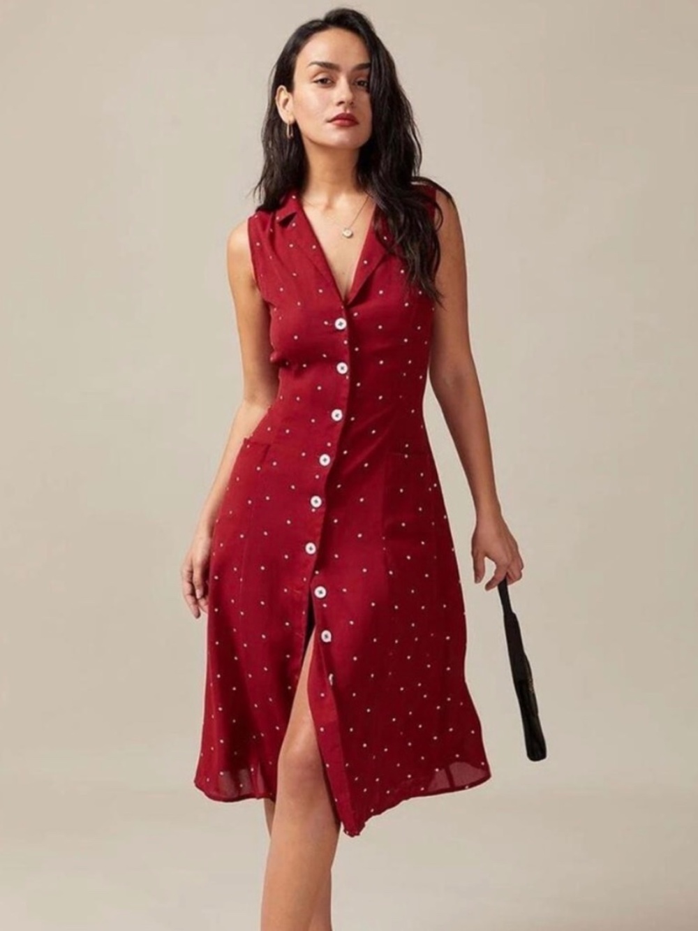 RIHOAS Red Polka Dot V-Neck Sleeveless Dress